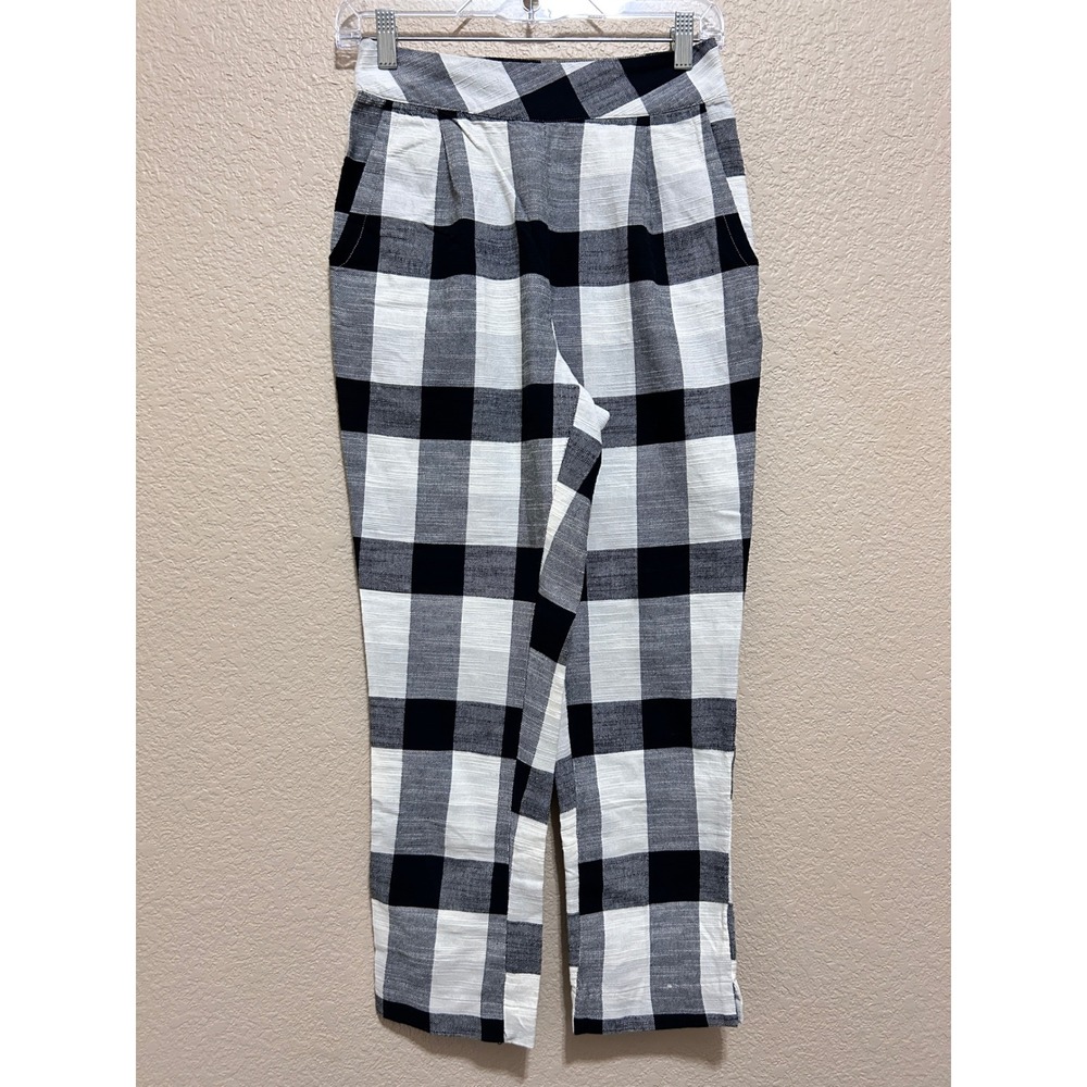 Free People XS Buffalo Plaid Tapered Pants Black White Gingham High Rise Cropped